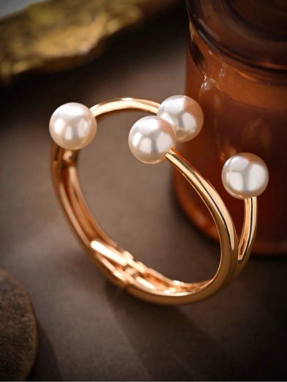 Gold Open Cuff Bracelet with White Pearls - Women Jewelry